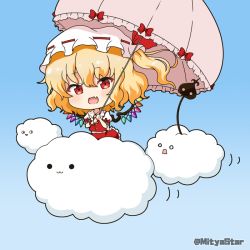 Rule 34 | 1girl, :3, :d, blonde hair, blue background, blush, bow, cloud, collared shirt, commentary request, crystal, fang, flandre scarlet, frilled shirt collar, frilled umbrella, frills, gradient background, hair between eyes, hat, holding, holding umbrella, laevatein, looking at viewer, mitya, mob cap, o o, one side up, open mouth, pink umbrella, puffy short sleeves, puffy sleeves, red bow, red ribbon, red skirt, red vest, ribbon, shirt, short sleeves, skirt, skirt set, smile, solid circle eyes, solo, touhou, twitter username, umbrella, vest, white hat, white shirt, wings
