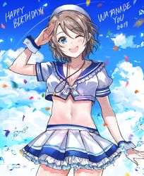Rule 34 | 1girl, ;d, blue eyes, blush, bow, bowtie, breasts, character name, cleavage, cloud, collarbone, confetti, cowboy shot, crop top, dated, day, frilled shirt, frilled skirt, frills, grey hair, happy birthday, hat, hyugo, jewelry, looking at viewer, love live!, love live! school idol festival, love live! sunshine!!, medium breasts, midriff, miniskirt, navel, one eye closed, open mouth, outdoors, pendant, pleated skirt, salute, school uniform, serafuku, shirt, short hair, short sleeves, skirt, smile, solo, standing, watanabe you, water drop, white bow, white bowtie, white hat, wrist cuffs