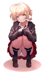 Rule 34 | 1girl, :d, ahoge, black jacket, black legwear, blonde hair, blue necktie, blunt bangs, breasts, brown footwear, collarbone, collared shirt, corrupted metadata, cotton ball, green eyes, hair ornament, hands on own knees, head tilt, highres, indie virtual youtuber, jacket, knees together feet apart, light blush, looking at viewer, loose necktie, low twintails, medium breasts, necktie, open mouth, panties, partially unbuttoned, pleated skirt, pom pom (clothes), pom pom hair ornament, red skirt, shadow, shigure ui (vtuber) (2nd costume), shigure ui (vtuber), shirt, short hair, short twintails, skirt, smile, solo, squatting, suzu22, twintails, underwear, virtual youtuber, white background, white headwear, white panties, white trim