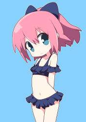 Rule 34 | 1girl, bare shoulders, bikini, black bikini, blue background, blue bow, blue eyes, bow, chibi, closed mouth, commentary request, frilled bikini, frills, hair between eyes, hair bow, highres, looking at viewer, navel, original, osaragi mitama, pink hair, ponytail, simple background, smile, solo, swimsuit
