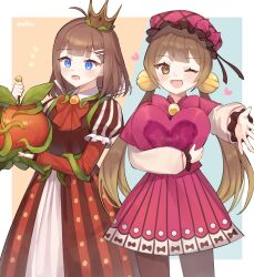 Rule 34 | 2girls, ahoge, apple, bell, blue eyes, blush, bow, bowtie, brooch, brown eyes, brown hair, crown, dress, e.g.o (project moon), food, frilled headwear, frilled sleeves, frills, fruit, hair bell, hair ornament, hairclip, hat, heart, highres, hod (project moon), holding, holding food, holding fruit, holding heart, jewelry, jingle bell, juliet sleeves, library of ruina, long hair, long sleeves, love mintchoco, low twintails, malkuth (project moon), medium hair, mob cap, multiple girls, one eye closed, open mouth, pantyhose, pink bow, pink bowtie, pink dress, pink headwear, plant, project moon, puffy sleeves, red bow, red bowtie, red dress, twintails, very long hair, vines