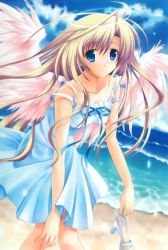 Rule 34 | 1girl, ariko youichi, beach, blonde hair, blue eyes, blue skirt, day, dress, halo, holding, holding shoes, long hair, non-web source, shoes, skirt, solo, wings