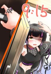 Rule 34 | 1girl, black hair, black jacket, black shirt, blouse, blunt bangs, blush, breasts, cleavage, commentary request, crop top, cross-laced clothes, cross-laced sleeves, dameyoshi, demon girl, demon horns, demon tail, door, heart, heart print, highres, horns, jacket, jewelry, kojo anna, kojo anna (1st costume), long hair, long sleeves, looking at viewer, medium breasts, midriff, multicolored hair, nanashi inc., navel, off shoulder, open clothes, open door, open jacket, open mouth, opening door, pointy ears, print shirt, purple hair, ring, russian text, see-through, see-through cleavage, see-through shirt, shading eyes, shirt, sleeveless, sleeveless shirt, sugar lyric, tail, twintails, two-tone hair, upper body, virtual youtuber, yellow eyes