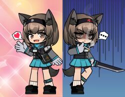 Rule 34 | ..., 1girl, animal ear fluff, animal ears, arknights, bags under eyes, before and after, black hairband, cat ears, cat girl, cat tail, hairband, heart, highres, holding, holding knife, infection monitor (arknights), knife, rhodes island medic (arknights), shoes, smoking, socks, speech bubble, tail, the mad mimic, white socks