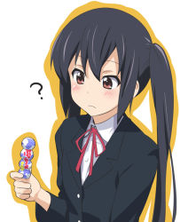 Rule 34 | 00s, 1girl, ?, anal beads, black hair, blush, brown eyes, holding, k-on!, long hair, nakano azusa, neck ribbon, outline, red ribbon, ribbon, school uniform, sex toy, simple background, solo, twintails, upper body, white background, youkan