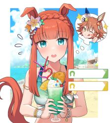 Rule 34 | + +, 2girls, :p, animal ears, beach, blue eyes, blunt bangs, blurry, blurry background, blush stickers, braid, clover hair ornament, commentary request, crown braid, daruma doll, desert, drink, drinking straw, ear covers, food, four-leaf clover hair ornament, hair between eyes, hair ornament, highres, hime cut, holding, horse ears, horse girl, horse tail, jewelry, matikanefukukitaru (umamusume), multiple girls, necklace, ocean, official alternate costume, official alternate hairstyle, one eye closed, open mouth, orange hair, pov, shiro (branch0126), silence suzuka (emerald on the waves) (umamusume), silence suzuka (umamusume), single ear cover, tail, thinking, thumbs up, tongue, tongue out, umamusume