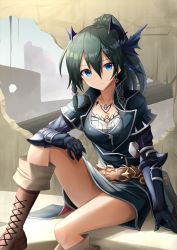 Rule 34 | 1girl, bad id, bad pixiv id, blue dress, blue eyes, boots, bottomless, breasts, brown footwear, cleavage, closed mouth, collarbone, dress, earrings, green hair, hair between eyes, hair ornament, hairclip, hand on own knee, jewelry, kanaria hisagi, knee boots, knee up, long hair, long sleeves, looking at viewer, medium breasts, ponytail, puzzle &amp; dragons, single earring, sitting, solo
