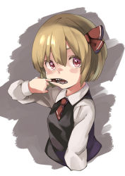 Rule 34 | 1girl, absurdres, blonde hair, blush, fangs, grey background, hair ribbon, highres, long sleeves, looking at viewer, looking to the side, mouth pull, muchi maro, necktie, open mouth, red eyes, ribbon, rumia, sharp teeth, shirt, short hair, solo, teeth, touhou, upper body, vest