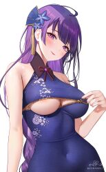 Rule 34 | 1girl, absurdres, areola slip, artist name, bare shoulders, blush, braid, breasts, china dress, chinese clothes, covered navel, dress, floral print, flower, genshin impact, hair flower, hair ornament, head tilt, highres, large breasts, long hair, looking at viewer, low-braided long hair, low-tied long hair, mole, mole under eye, partially unzipped, purple eyes, purple hair, raiden shogun, renberry, simple background, single braid, sleeveless, sleeveless dress, smile, solo, tight clothes, tight dress, underboob, upper body, white background, zipper, zipper dress, zipper pull tab