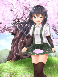 Rule 34 | 1girl, ;d, arm warmers, asashio (kancolle), black hair, black skirt, black thighhighs, blue sky, blurry, blush, breasts, brown thighhighs, cherry blossoms, cloud, comiching, cowboy shot, daisy, day, depth of field, flower, grass, hair blowing, highres, kantai collection, long hair, looking at viewer, mountain, one eye closed, open mouth, outdoors, panties, pantyshot, petals, pink panties, shirt, short sleeves, skirt, skirt basket, skirt hold, sky, small breasts, smile, solo, standing, suspender skirt, suspenders, thighhighs, tree, underwear, white shirt, wind, wing collar