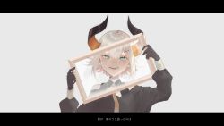 Rule 34 | 1girl, blue eyes, demon girl, gloves, hair ornament, hairclip, highres, horns, letterboxed, levi elipha, necktie, nijisanji, open mouth, picture frame, short hair, silver hair, solo, upper body, virtual youtuber, wahaha (shiki)