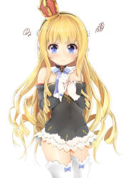 Rule 34 | 1girl, azur lane, bare shoulders, black dress, black hairband, blonde hair, blue bow, blue eyes, blush, bow, breasts, closed mouth, commentary, crown, detached sleeves, dress, gloves, hair bow, hairband, highres, long hair, long sleeves, looking at viewer, maru shion, mini crown, queen elizabeth (azur lane), ringlets, signature, simple background, small breasts, solo, squiggle, strapless, strapless dress, striped clothes, striped hairband, tears, thighhighs, very long hair, white background, white bow, white gloves, white thighhighs