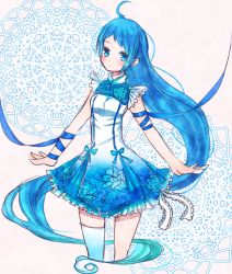 Rule 34 | 10s, 1girl, absurdly long hair, ahoge, alternate costume, blue eyes, blue hair, blue theme, bow, corsage, doily, dress, dress bow, floral print, frilled dress, frills, gradient hair, highres, kantai collection, long hair, looking at viewer, matching hair/eyes, multicolored hair, nora (salatto), outstretched arms, ribbon, samidare (kancolle), single thighhigh, sleeveless, sleeveless dress, solo, spread arms, swept bangs, thighhighs, very long hair