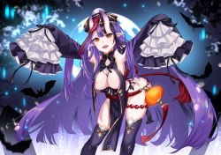 Rule 34 | 1girl, armpits, artist name, bare shoulders, bat (animal), breast curtains, breasts, captain hannah, coffin, commentary, detached sleeves, english commentary, full moon, halloween, hat, highres, horns, indie virtual youtuber, jiangshi, lantern, large breasts, long hair, looking at viewer, moon, multicolored hair, no panties, ofuda, oni horns, open mouth, outstretched arms, paper lantern, pelvic curtain, pointy ears, purple hair, red eyes, revealing clothes, ringeko-chan, sleeves past fingers, sleeves past wrists, solo, tassel, thighhighs, virtual youtuber, zombie pose