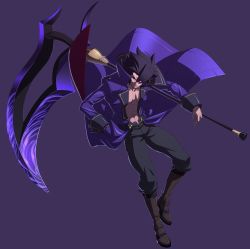 Rule 34 | 1boy, abs, black hair, boots, dark-skinned male, dark skin, french-bread, glowing, glowing eye, gordeau, huge weapon, jacket, jpeg artifacts, knee boots, male focus, official art, open clothes, open jacket, purple eyes, scythe, simple background, solo, spiked hair, under night in-birth, weapon