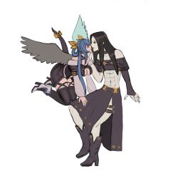 Rule 34 | bad id, black hair, black legwear, blue hair, boots, breasts, dizzy (guilty gear), guilty gear, guilty gear xx, hand on another&#039;s face, highres, imminent kiss, large breasts, long hair, looking at another, moontears, red eyes, revealing clothes, tail, testament (guilty gear), thick thighs, thighhighs, thighs, wings