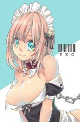 Rule 34 | 1girl, arched back, barcode, bare shoulders, bdsm, blue eyes, borrowed character, bow, breasts, chain, cleavage, closed mouth, collar, eyelashes, hair bow, heart, heart-shaped pupils, highres, large breasts, looking at viewer, maid, maid headdress, off shoulder, original, pink hair, puffy short sleeves, puffy sleeves, roy (pixiv992911), short hair, short sleeves, smile, solo, symbol-shaped pupils, takagi (tansuke), text focus, upper body