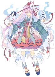 Rule 34 | 1girl, adapted costume, aura, bow, bubble skirt, closed mouth, commentary request, fox mask, full body, green kimono, hair bow, hata no kokoro, highres, japanese clothes, kimono, long hair, long sleeves, looking at viewer, mask, mask on head, nikorashi-ka, okobo, orange skirt, pink eyes, pink hair, pink nails, plaid kimono, sandals, simple background, skirt, socks, solo, touhou, very long hair, white background, white socks, wide sleeves