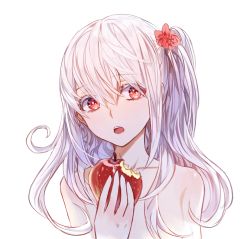 Rule 34 | 1girl, albino, apple, bad id, bad pixiv id, collarbone, eating, food, fruit, hair ornament, holding, holding food, holding fruit, kim eb, long hair, looking at viewer, open mouth, original, red eyes, side ponytail, simple background, solo, white background, white hair
