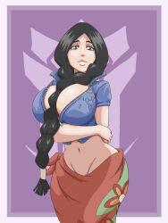 Rule 34 | 1girl, absurdres, agrothewanderer, black hair, bleach, blue jacket, border, braid, breasts, cleavage, closed mouth, collared jacket, cosplay, cropped jacket, eyewear on head, female focus, forehead, groin, hair between breasts, highres, jacket, large breasts, lips, long hair, midriff, navel, nico robin, nico robin (cosplay), no bra, no panties, nose, official alternate costume, one piece, orange-tinted eyewear, outside border, parted bangs, partially unzipped, purple background, sarong, short sleeves, sidelocks, smile, sol, solo, tinted eyewear, unohana retsu, white border