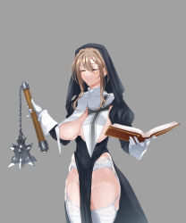 Rule 34 | 1girl, blush, book, breasts, brown hair, closed eyes, facing away, flail, garter belt, garter straps, gloves, grey background, habit, holding, holding book, holding weapon, large breasts, lingerie, long hair, looking away, morning star, nipple slip, nipples, no bra, no panties, nun, open book, original, pelvic curtain, q (ed69), revealing clothes, sagging breasts, simple background, solo, thighhighs, underwear, weapon, white garter belt, white garter straps, white gloves, white thighhighs