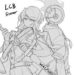 Rule 34 | 1girl, 1other, belt, closed mouth, coat, coat on shoulders, collared shirt, dante (limbus company), faust (project moon), greyscale, highres, holding, holding sword, holding weapon, ivy (675671), limbus company, long sleeves, looking at viewer, monochrome, necktie, object head, pants, pouch, project moon, shirt, short hair, simple background, skull, sweater, sword, vest, weapon, zweihander