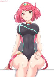 Rule 34 | absurdres, black one-piece swimsuit, breasts, chest jewel, competition swimsuit, covered collarbone, gem, headpiece, highres, large breasts, one-piece swimsuit, pyra (pro swimmer) (xenoblade), pyra (xenoblade), red eyes, red hair, red one-piece swimsuit, ribbed swimsuit, ryochan96154, short hair, solo, strapless, strapless one-piece swimsuit, swept bangs, swimsuit, tiara, two-tone swimsuit, xenoblade chronicles (series), xenoblade chronicles 2
