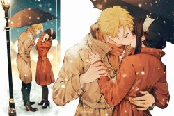 Rule 34 | 1boy, 1girl, black hair, blonde hair, blush, breasts, closed eyes, coat, couple, earrings, hand on another&#039;s back, hetero, highres, husband and wife, jewelry, kiss, long hair, looking at another, maiii (smaii i), outdoors, pants, red eyes, short hair, snow, snowflakes, snowing, spy x family, twilight (spy x family), winter, winter clothes, winter coat, yor briar