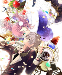 Rule 34 | 10s, 1boy, 1girl, amiko (frostedchocolate), apple, atelier (series), atelier escha &amp; logy, bad id, bad pixiv id, black skirt, book, bracelet, braid, clock, escha malier, eye contact, fingerless gloves, flask, flower, food, french braid, fruit, gears, gloves, green eyes, grey hair, holding hands, hetero, highres, jacket, jewelry, logix ficsario, looking at another, necklace, open mouth, petals, pink hair, pom pom (clothes), profile, red apple, roman numeral, short hair, skirt, smile, white gloves, yellow eyes