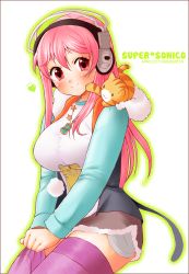 Rule 34 | 1girl, apricot crown, blush, breasts, cat, dressing, headphones, highres, large breasts, long hair, nitroplus, pink eyes, pink hair, pom pom (clothes), smile, solo, super sonico, thighhighs