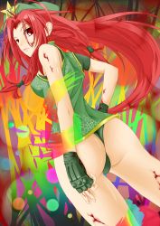 Rule 34 | 1girl, ass, blood, bow, braid, breasts, chinese clothes, ex-meiling, female focus, fingerless gloves, gloves, hat, highres, hong meiling, kyou (gary moore), long hair, panties, red eyes, red hair, solo, touhou, twin braids, underwear
