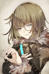 Rule 34 | 1boy, black nails, blood, blood on clothes, bob cut, brown hair, chain, fur trim, green eyes, green hair, gretel (sinoalice), grin, hand on own chest, looking at viewer, male focus, monocle, multicolored hair, nail polish, open mouth, sinoalice, smile, solo, teroru, trap, two-tone hair