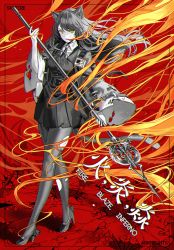 Rule 34 | 1girl, animal ears, arknights, belt, buckle, burnt clothes, cat ears, cat tail, character name, chinese text, copyright name, crater, dress shirt, english text, fire, glowing, glowing eyes, high heels, jacket, long hair, long sleeves, looking at viewer, monochrome, necktie, pantyhose, red background, shirt, silence girl, skirt, skyfire (arknights), staff, suit jacket, tail, torn clothes, torn legwear, zipper