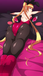 Rule 34 | 1girl, arc system works, artist request, ass, bare shoulders, blazblue, blonde hair, boots, breasts, cameltoe, cat, come hither, from behind, from below, hair ribbon, high heel boots, high heels, highres, huge ass, leotard, long hair, looking at viewer, looking back, looking down, lying, medium breasts, nago, on stomach, pantyhose, playboy bunny, rabbit ears, rachel alucard, red eyes, ribbon, shiny clothes, shiny skin, sideboob, solo, thick thighs, thighs, twintails, very long hair