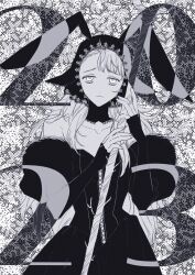 Rule 34 | 1girl, 2023, animal ears, bare shoulders, black dress, black headwear, chinese zodiac, closed mouth, detached sleeves, dress, dungeon meshi, fake animal ears, frown, greyscale, holding, holding staff, long hair, long sleeves, marcille donato, marcille donato (lord), monochrome, rabbit ears, solo, spoilers, staff, wawa (wawawa0080), year of the rabbit