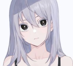 Rule 34 | 1girl, bare shoulders, black eyes, closed mouth, collar, eyelashes, grey background, grey hair, grey pupils, hair between eyes, highres, looking at viewer, original, pink lips, portrait, shichi (ratorin53), simple background, solo, upper body