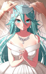 Rule 34 | 1girl, alternate costume, braid, breasts, bridal veil, cleavage, cowboy shot, dress, green eyes, green hair, hair between eyes, hair ornament, hairclip, hands on own chest, highres, jewelry, kantai collection, large breasts, long hair, looking at viewer, necklace, off-shoulder dress, off shoulder, parted bangs, pov, ring, sidelocks, single braid, solo, tiara, veil, wedding dress, wedding ring, white dress, yamakaze (kancolle), yamakaze kai ni (kancolle), yomogi dango