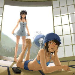Rule 34 | 2girls, bare shoulders, barefoot, bikini, bikini top only, black hair, blue bikini, bow, bra, breasts, brown eyes, brown hair, buttons, cabbie hat, clothes lift, collarbone, controller, day, denim, denim shorts, dress, dress lift, electric fan, fanning self, feet, flat chest, full body, green eyes, hair bow, hairband, hat, head rest, holding, indoors, lifted by self, lingerie, long hair, lying, mole, mole under mouth, mountain, multiple girls, no shirt, on floor, on stomach, open door, parted lips, porch, red eyes, remote control, see-through, see-through silhouette, shiny skin, short dress, short hair, short shorts, shorts, shouji, sky, sliding doors, small breasts, soles, standing, summer, sundress, sweat, swimsuit, tan, tatami, tree, underwear, white dress, yoneda taishou