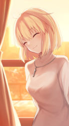 Rule 34 | 1girl, absurdres, antenna hair, arcueid brunestud, arms behind back, blonde hair, blush, breasts, closed eyes, closed mouth, commentary request, curtains, hair between eyes, head tilt, highres, indoors, jewelry, long sleeves, medium breasts, necklace, okitananami, short hair, single hair intake, smile, solo, sunlight, sunset, sweater, tsukihime, tsukihime (remake), turtleneck, turtleneck sweater, upper body, white sweater, window