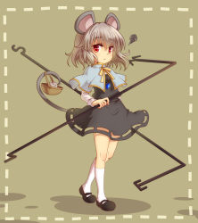 Rule 34 | 1girl, :&lt;, animal ears, basket, capelet, dowsing rod, female focus, full body, gem, grey hair, highres, jewelry, looking at viewer, mary janes, miruki, mouse (animal), mouse ears, mouse tail, nazrin, necklace, pendant, red eyes, shirt, shoes, short hair, simple background, skirt, skirt set, solo, squiggle, standing, tail, touhou