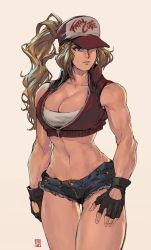 Rule 34 | 1girl, bare legs, baseball cap, beige background, blonde hair, blue eyes, breasts, cleavage, commentary, cowboy shot, cutoff jeans, cutoffs, dated, david liu, fatal fury, fingerless gloves, genderswap, genderswap (mtf), gloves, hat, highres, image sample, jacket, large breasts, looking to the side, low neckline, messy hair, midriff, muscular, muscular female, one eye covered, open clothes, open fly, open jacket, shirt, signature, snk heroines: tag team frenzy, terry bogard, thigh gap, toned, twitter sample, vest, wavy hair, white shirt