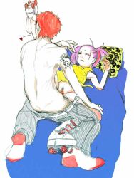 Rule 34 | 1boy, 1girl, bottomless, commentary, couple, female pubic hair, hetero, kiss, kissing leg, missionary, petite, pink hair, pubic hair, roller skates, ryuko azuma, sex, skates, sketch, tattoo, traditional media, twintails, uncensored, vaginal