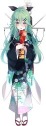 Rule 34 | 1girl, blush, flower, full body, green eyes, green hair, hagoita, hair between eyes, hair ornament, hairclip, holding, japanese clothes, kantai collection, kimono, kujou ichiso, long hair, looking at viewer, machinery, official art, paddle, ribbon, sandals, solo, tabi, transparent background, wide sleeves, yamakaze (kancolle)