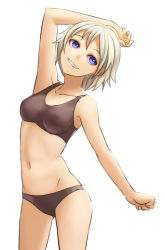 Rule 34 | 1girl, arm up, blue eyes, kurione (zassou), looking at viewer, navel, original, panties, short hair, silver hair, smile, solo, sports bra, stomach, underwear, underwear only, white background