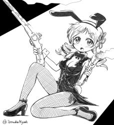 Rule 34 | 1girl, :o, animal ears, anklet, artist name, black leotard, blush, bow, bowtie, breasts, cleavage, commentary request, detached collar, drill hair, dual wielding, fake animal ears, fake tail, fishnet pantyhose, fishnets, flower hair ornament, greyscale, gun, hatching (texture), holding, holding gun, holding weapon, jewelry, large breasts, leotard, linear hatching, looking at viewer, magical musket, mahou shoujo madoka magica, mahou shoujo madoka magica (anime), mary janes, monochrome, musket, open mouth, pantyhose, rabbit ears, rabbit tail, shoes, sitting, smoke, smoke trail, solo, tail, tareme, tatsuoka miyoshi, tomoe mami, twin drills, twitter username, weapon, wrist cuffs