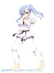 Rule 34 | 1girl, barefoot, breasts, character request, dmm, dougi, fighting stance, karate, karate gi, large breasts, martial arts, official art, simple background, solo, wrist wrap, yuyumatsu