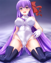 Rule 34 | 1girl, bare shoulders, bb (fate), bb (fate/extra), black thighhighs, blanket, breasts, breath, collared leotard, covered erect nipples, covered navel, fate/grand order, fate (series), gloves, hair between eyes, hair ribbon, highres, indoors, kneeling, lace, lace-trimmed legwear, lace trim, large breasts, leotard, long hair, looking at viewer, open mouth, purple eyes, purple hair, red ribbon, ribbon, solo, sweat, sweatdrop, thighhighs, very long hair, white gloves, white leotard, zanntetu