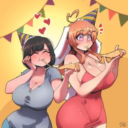 Rule 34 | 2girls, ahoge, animal ears, blush, bonnie (bunny gif), breasts, brown hair, character request, cleavage, closed eyes, closed mouth, eating, food, hat, heart, heart-shaped pupils, heart ahoge, highres, holding, holding food, indie virtual youtuber, large breasts, long hair, looking at viewer, multiple girls, orange hair, party hat, pink eyes, pizza, rabbit ears, rabbit girl, rabbit tail, real life, ryou sakai, short hair, smile, symbol-shaped pupils, tail, virtual youtuber