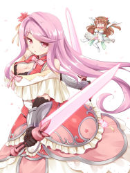 Rule 34 | 2girls, armor, armored dress, arms up, black gloves, boots, bow, breasts, brown hair, cleavage, cleavage cutout, clothing cutout, dress, dual wielding, expressionless, closed eyes, flower knight girl, frills, gloves, holding, kougasha, long hair, multiple girls, nazuna (flower knight girl), panties, pink bow, pink hair, pink panties, red eyes, sangobana (flower knight girl), smile, sword, thigh boots, thighhighs, underwear, weapon, white background, white dress, white footwear, white gloves