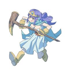 Rule 34 | &gt;:(, 1girl, blue cape, blue dress, blue gemstone, blush, boots, breasts, brown sash, cape, circlet, cleavage, closed mouth, dragon quest, dragon quest iii, dress, frown, gem, gloves, highres, holding, holding staff, long hair, medium breasts, no nose, powerhamuhamu, purple hair, running, sage (dq3), sash, simple background, solo, staff, strapless, strapless dress, tongue, tongue out, v-shaped eyebrows, white background, yellow footwear, yellow gloves